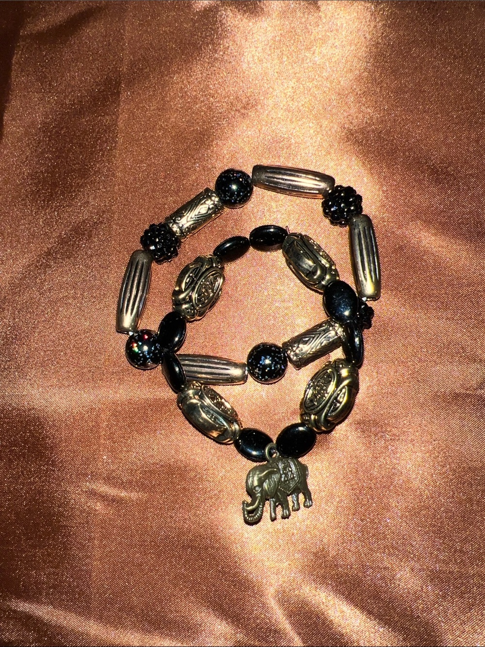 Gold and Black Elephant Charm Stretch Bracelet - Women's Jewelry